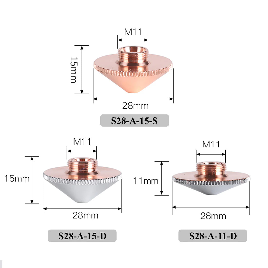 Bicos de corte a laser S28A Para a máquina de corte a laser de fibra Raytools Precitec WSX HANS S28-A-15-D: Camada Dupla, Calibre: 1.5
